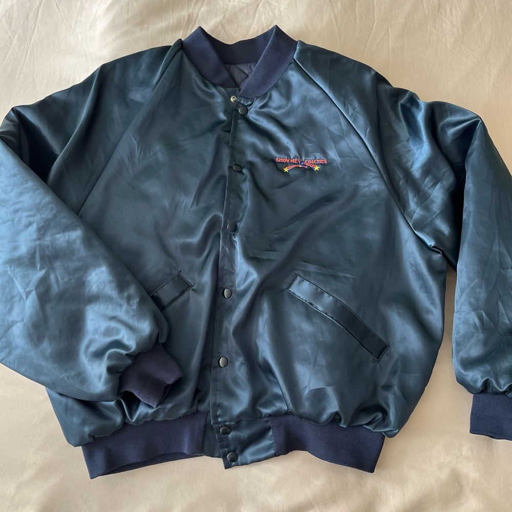 Vintage Navy Blue Satin Bomber Jacket
